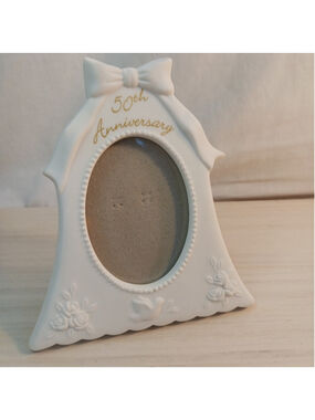 Vtg Russ White Lace & Promises Porcelain 50th Anniversary Bell Frame